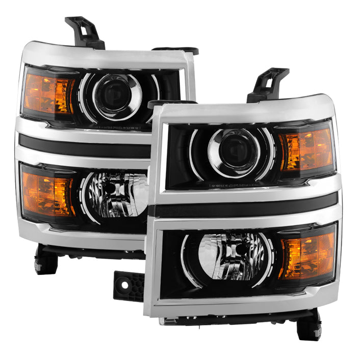 ( POE ) Chevy Silverado 1500 2014-2015 Halogen (Fit 2014 new body style models only; Does not fit HD models) OEM Projector Headlights - Black with Chrome Trim