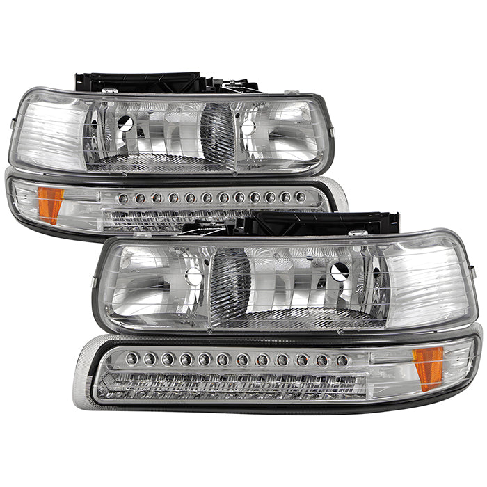 ( xTune ) Chevy Silverado 1500/2500 99-02 / Chevy Silverado 3500 01-02 / Chevy Suburban 1500/2500 00-06 / Chevy Tahoe 00-06 Headlights With LED Bumper Lights - Amber - Low Beam-HB4(Not Included) ; High Beam-HB3(Not Included) ; Signal-LED - Chrome