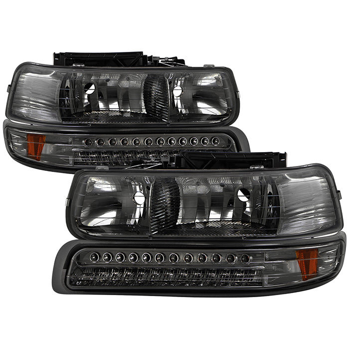 ( xTune ) Chevy Silverado 1500/2500 99-02 / Chevy Silverado 3500 01-02 / Chevy Suburban 1500/2500 00-06 / Chevy Tahoe 00-06 Headlights With LED Bumper Lights - Amber - Low Beam-HB4(Not Included) ; High Beam-HB3(Not Included) ; Signal-LED - Smoke