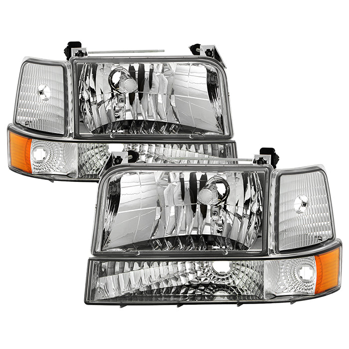 ( OE ) Ford F150/Bronco 92-96 Headlights w/Corner Bumper 6pcs Amber- Chrome