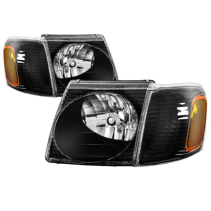 ( Akkon ) Ford Explorer Sport 01-03 / Explorer Sport Trac 01-05 OEM Style Headlights With Corner 4pcs sets - Low Beam-HB5(Not Included) ; High Beam-HB5(Not Included) ; Signal-3157NA(Not Included) - Black