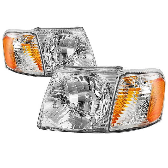 ( Akkon ) Ford Explorer Sport 01-03 / Explorer Sport Trac 01-05 OEM Style Headlights With Corner 4pcs sets - Low Beam-HB5(Not Included) ; High Beam-HB5(Not Included) ; Signal-3157NA(Not Included) - Chrome