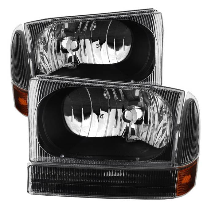 ( Akkon ) Ford F250 F350 F450 Superduty Excursion 99-04 Crystal Headlights With Bumper Lights - Low Beam-HB5(Included) ; High Beam-HB5(Included) ; Signal-3157(Not Included) - Black