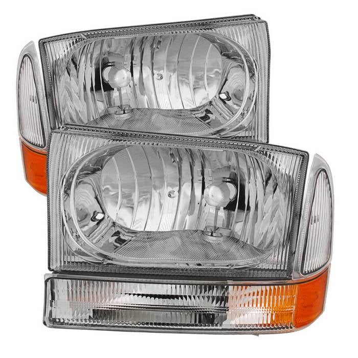 ( Akkon ) Ford F250 F350 F450 Superduty Excursion 99-04 Crystal Headlights With Bumper Lights - Low Beam-HB5(Included) ; High Beam-HB5(Included) ; Signal-3157(Not Included) - Chrome