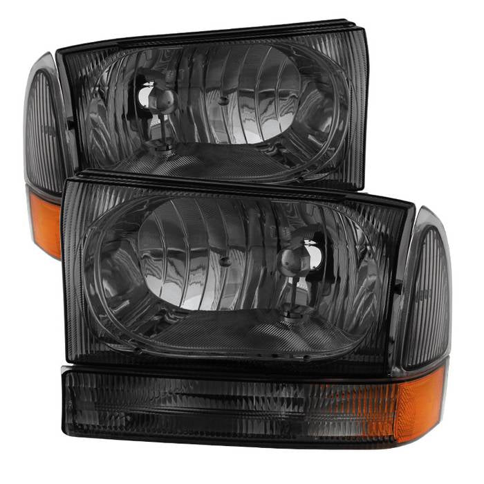 ( Akkon ) Ford F250 F350 F450 Superduty Excursion 99-04 Crystal Headlights With Bumper Lights - Low Beam-HB5(Included) ; High Beam-HB5(Included) ; Signal-3157(Not Included) -  Smoked