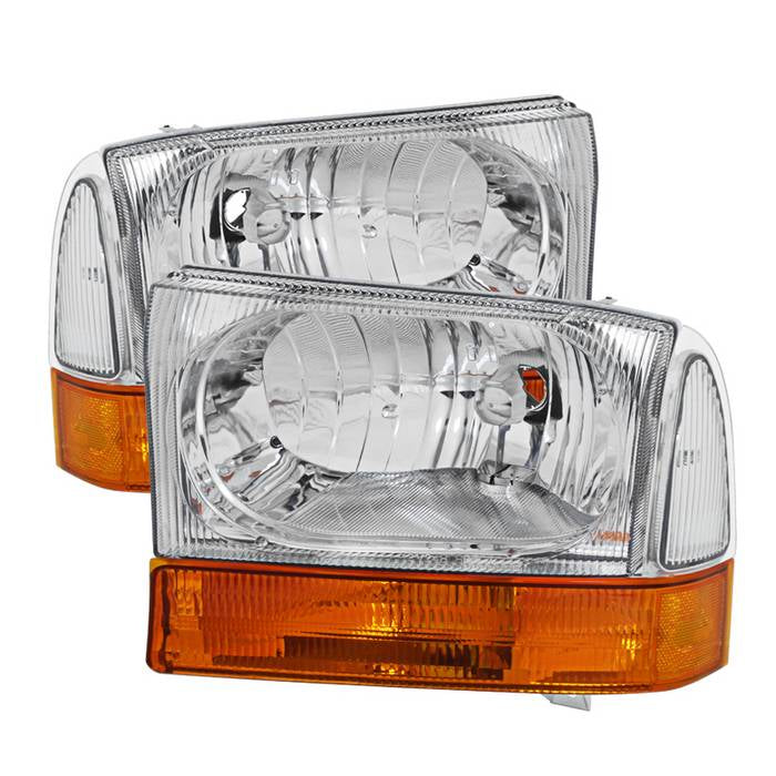 ( Akkon ) Ford F250 F350 F450 Superduty Excursion 99-04 Crystal Headlights With All Amber Bumper Lights - Low Beam-HB5(Not Included) ; High Beam-HB5(Not Included) ; Signal-3157(Not Included) - Chrome