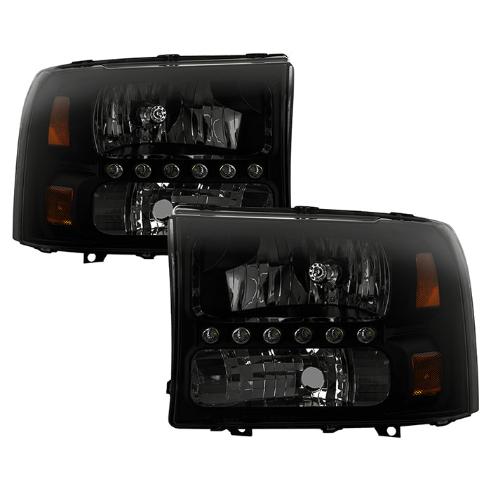 ( Akkon ) Ford F250 F350 Super Duty 99-04 / Ford Excursion 00-04 1PC Headlights with LED - Black Smoked