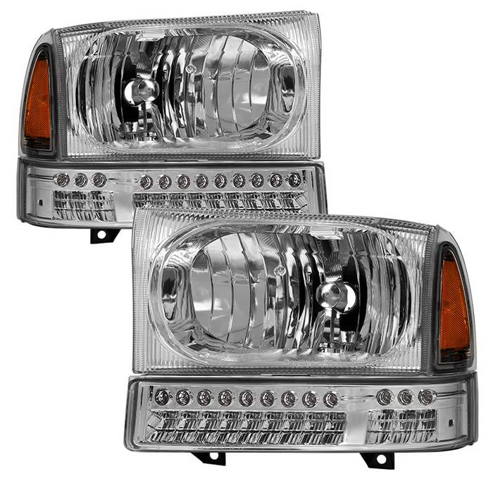 ( Akkon ) Ford F250 F350 F450 Superduty Excursion 99-04 OEM Style Headlights With Full LED Bumper Lights - Chrome