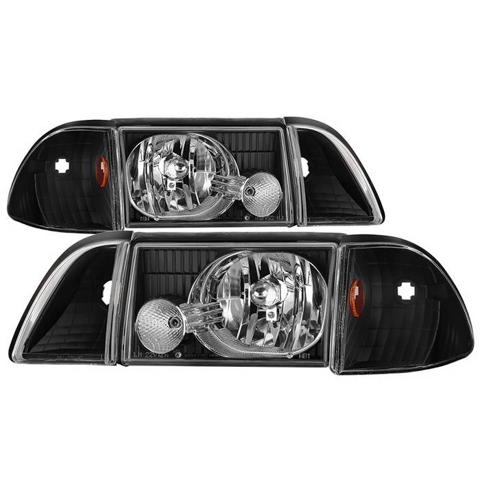 ( Akkon ) Ford Mustang 87-93 OEM style Headlights with Corner Parking Lights 6pcs Amber - Black