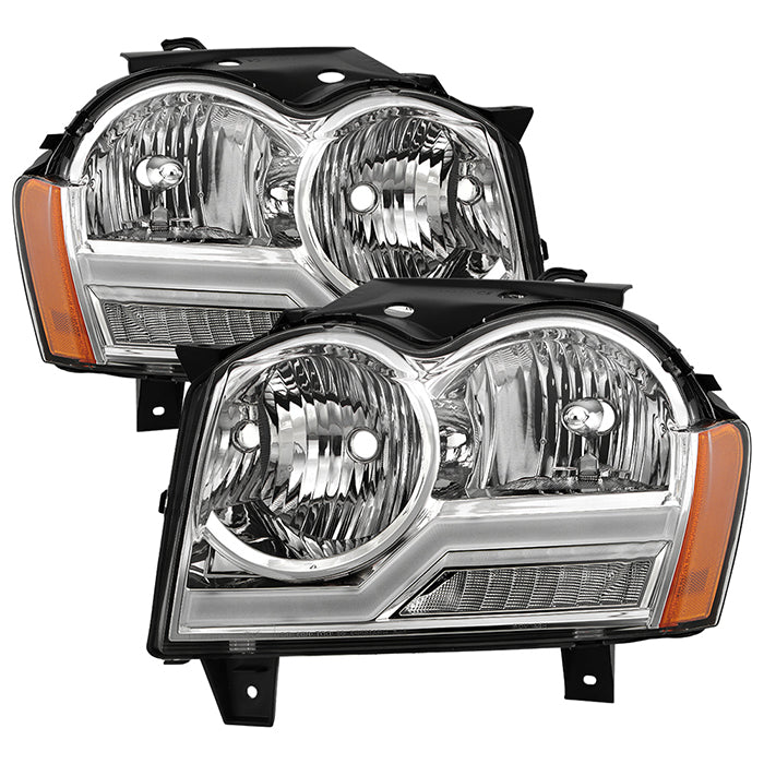 ( Akkon ) Jeep Grand Cherokee 2005-2007 Headlights with LED Light Bar - Chrome