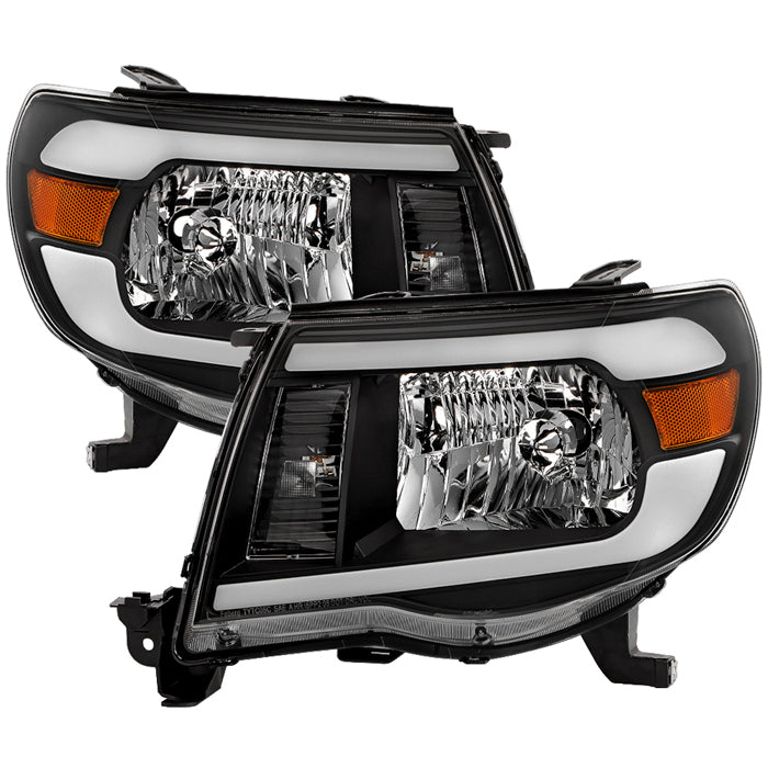 ( xTune ) Toyota Tacoma 05-11 Amber Crystal Headlights with Led Light Bar - Black