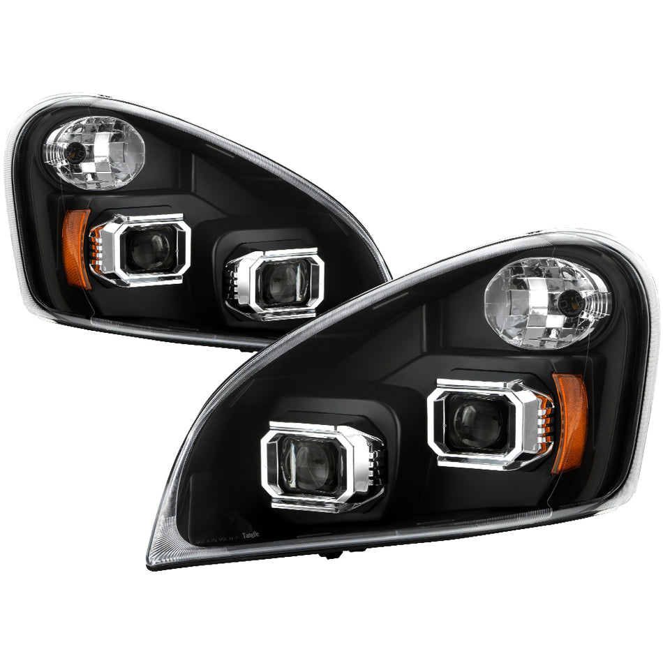 ( Akkon ) Freightliner Cascadia 2008-2016 Halogen Models Only ( Not Compatible with Factory LED & HID Headlights Models ) Dual Projector Headlights - Low Beam-H11(Included) ; High Beam-H11(Included) ; Signal-3157A(Included) - Black