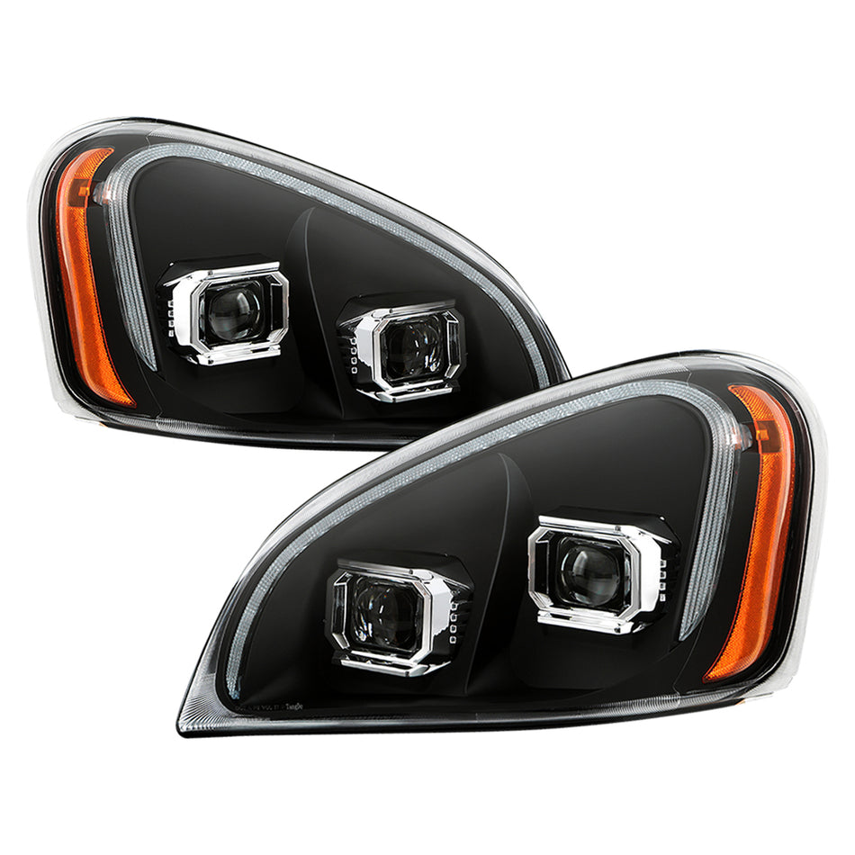 ( xTune ) Freightliner Cascadia 2008-2016 Halogen Models Only ( Not Compatible with Factory LED & HID Headlights Models ) LED Tube DRL Projector Headlights - Low Beam-H7(Included) ; High Beam-H7(Included) ; Signal-LED - Black Left + Right
