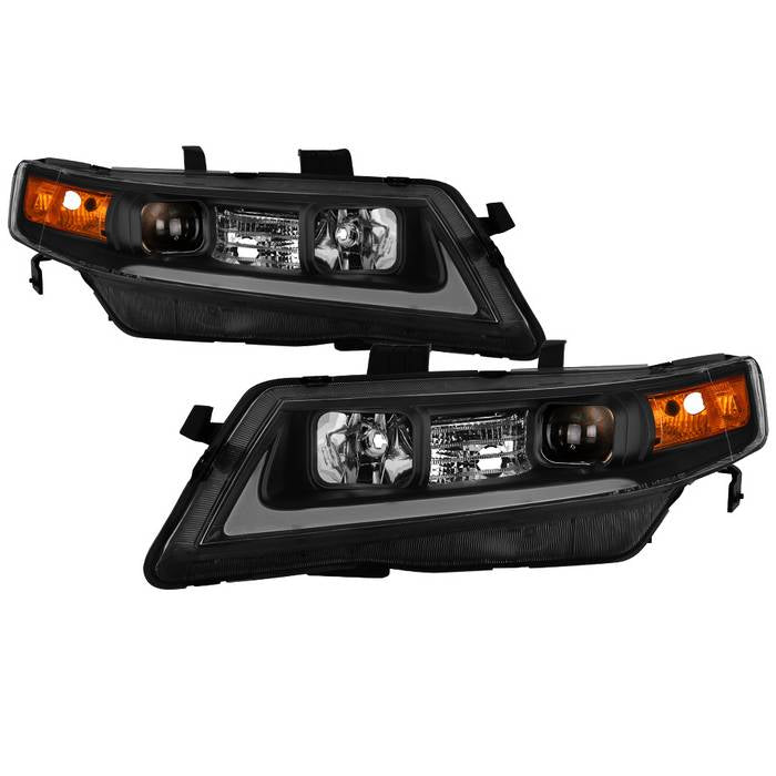 ( Akkon ) Acura TSX 2004-2008 LED Light Bar Projector Headlights - Black - Low Beam use stock HID ; High Beam - H1 ; Signal - 7440