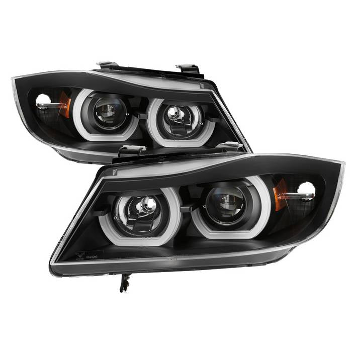 ( Akkon ) BMW E90 3-Series 06-08 4DR Projector Headlights - Halogen Model Only ( Not Compatible with Xenon/HID Model ) - LBDRL - Black  - Low Beam - H7 ; High Beam - H1
