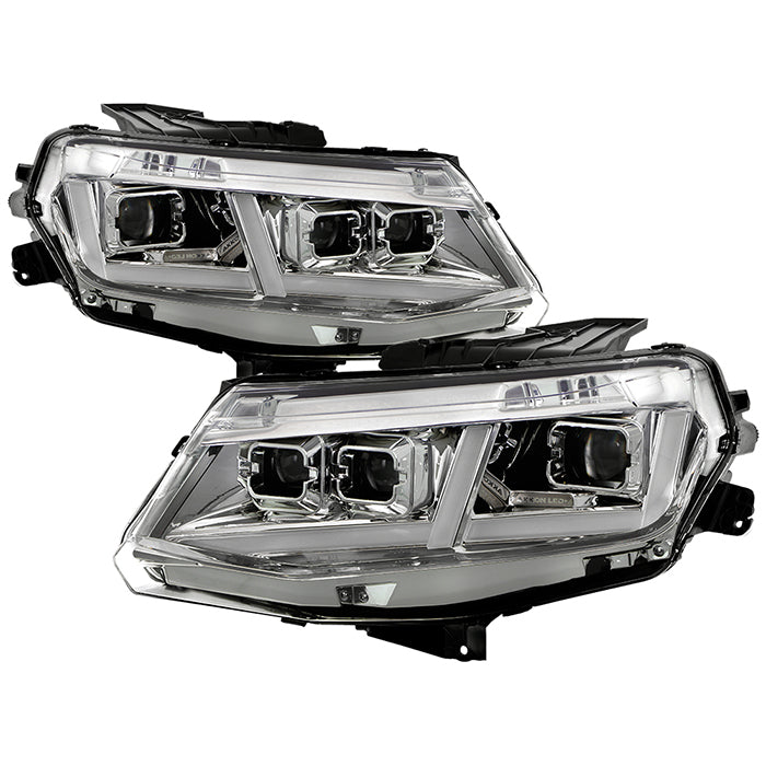 ( Akkon ) Chevy Camaro 2016-2018 Halogen Model Only ( Does Not Fit factory HID Models and RS or V6 1LE Track Performance Package ) Full LED Headlights with LED Light Bar- Chrome ( High Beam LED - Low Beam LED )