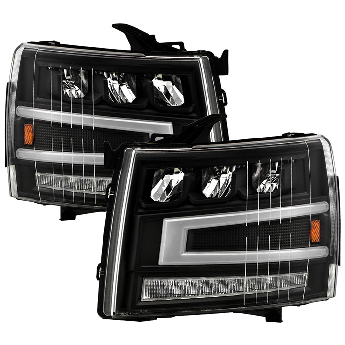 ( Akkon ) Chevy Silverado 1500 07-13 / 2500HD/3500HD 07-14 Full LED Headlights with LED Light Bar- Black ( High Beam LED - Low Beam LED )