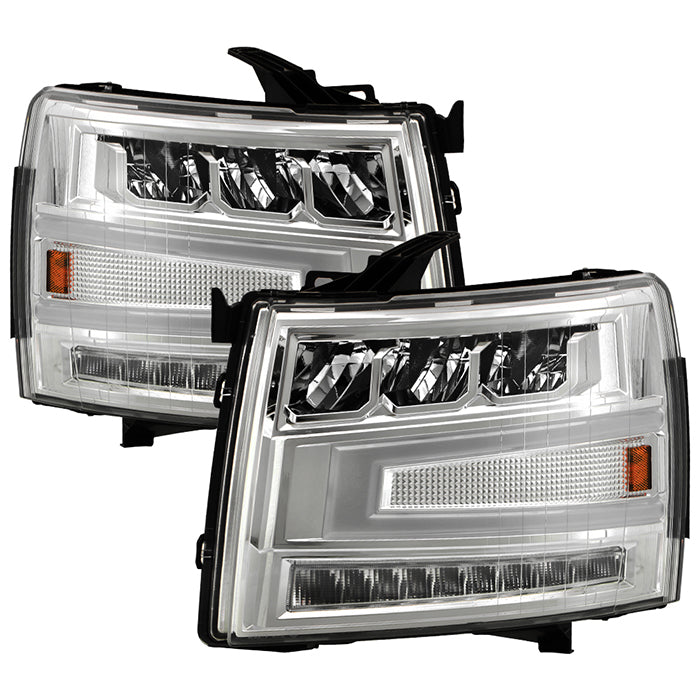 ( Akkon ) Chevy Silverado 1500 07-13 / 2500HD/3500HD 07-14 Full LED Headlights with LED Light Bar- Chrome ( High Beam LED - Low Beam LED )