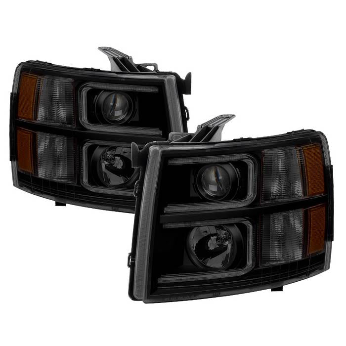 ( xTune ) Chevy Silverado 1500 07-13  2500HD/3500HD 07-14 Halo Projector Headlights - Light Tube Style - Black Smoked