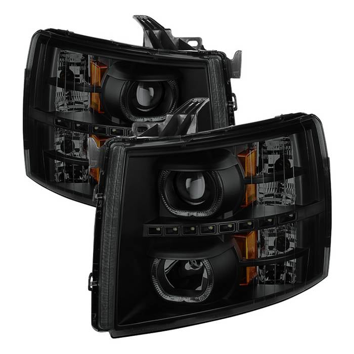 ( Akkon ) Chevy Silverado 1500/2500/3500 07-13 LED Halo Projector Headlights - Black Smoked