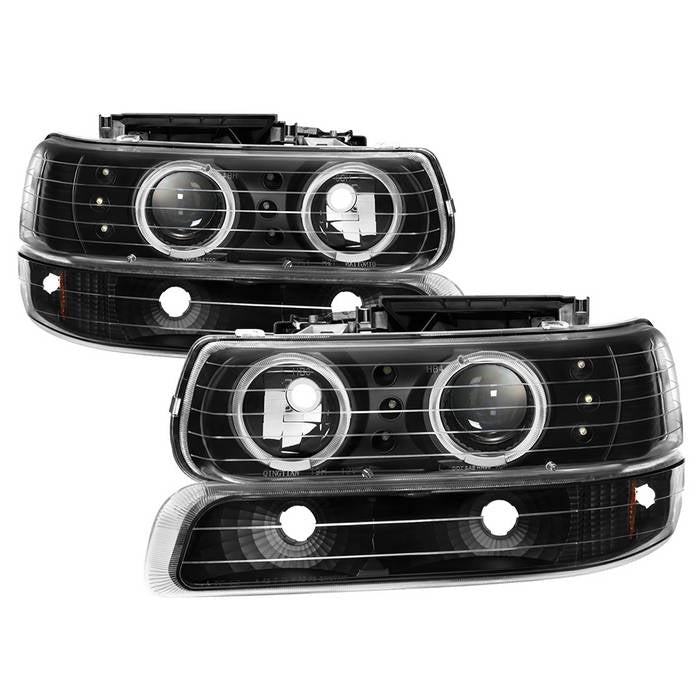 ( xTune ) Chevy Silverado 1500/2500 99-02 / Chevy Silverado 3500 01-02 / Chevy Suburban 1500/2500 00-06 / Chevy Tahoe 00-06 Bumper Light and Projector Headlights 4pcs- LED Halo - LED - Black