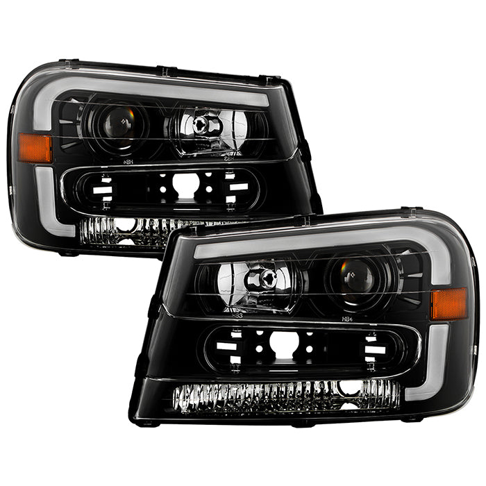 ( Akkon ) Chevy Trailblazer 02-09 Projector Headlights - Light Bar DRL - Low Beam-H7(Included) ; High Beam-H1(Included) ; Signal-P27(Not Included) - Black