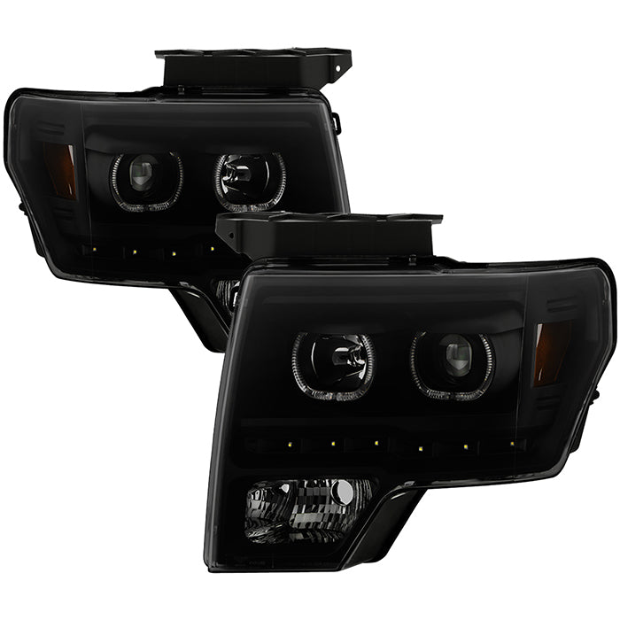 ( Akkon ) Ford F150 09-14 Projector Headlights - Halogen Model Only ( Not Compatible With Xenon/HID Model ) Projector Headlights - LED Halo - Black Smoked
