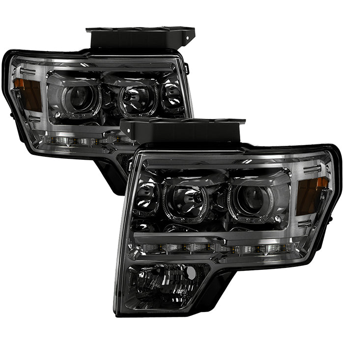 ( Akkon ) Ford F150 09-14 Projector Headlights - Halogen Model Only ( Not Compatible With Xenon/HID Model ) Projector Headlights - LED Halo - Smoked