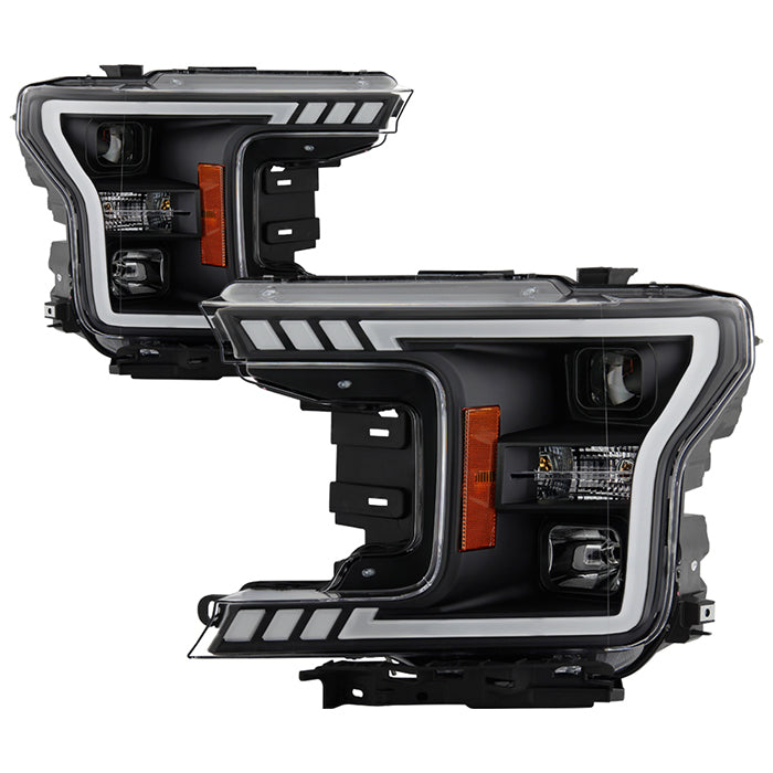 ( Akkon ) Ford F150 2018-2020 Halogen Models Only DRL LED Light Bar Projector Headlights - Black - Low Beam-H7(Included) ; High Beam-H1(Included) ; Signal - 7440A(Included)