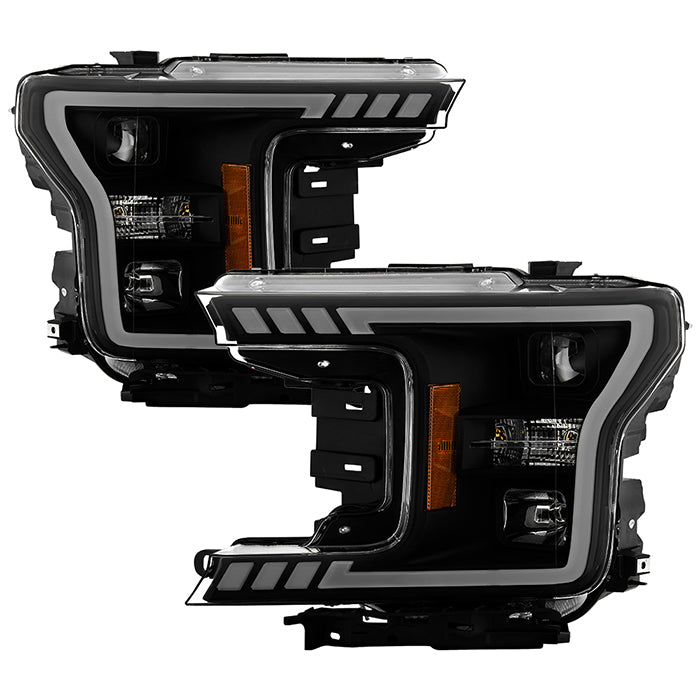 ( Akkon ) Ford F150 2018-2020 Halogen Models Only DRL LED Light Bar Projector Headlights - Black Smoked - Low Beam-H7(Included) ; High Beam-H1(Included) ; Signal - 7440A(Included)