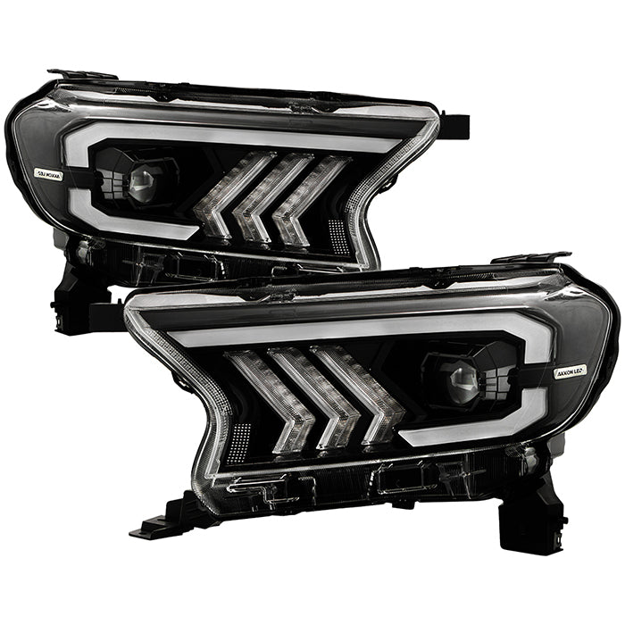 ( Akkon ) Ford Ranger 2019-2022 Halogen Only ( Do Not Fit Factory LED Headlight Model ) Full LED Projector Headlights With Sequential Turn Signal - Light Bar DRL - Black  ( High Beam - LED   Low Beam - LED )