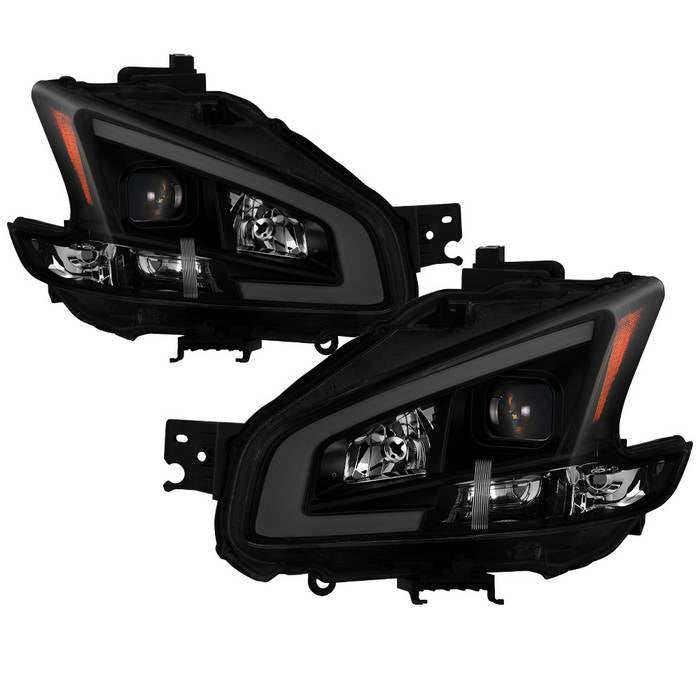 ( Akkon ) Nissan Maxima 09-14 Halogen only ( Don‘t Fit HID Models ) LED Light Bar Projector Headlights - Black Smoked - Low Beam - H7 ; High Beam - H1 ; Signal - 3157
