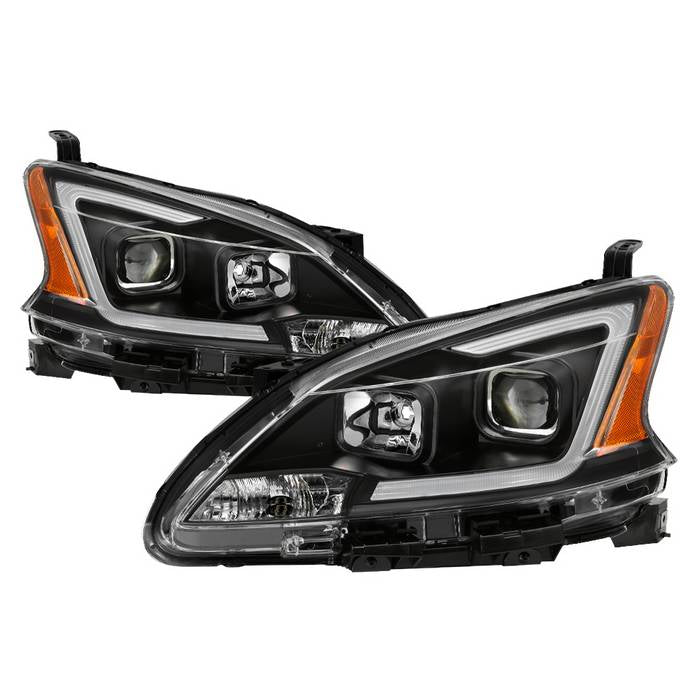 ( Akkon ) Nissan Sentra 2013-2015 Halogen Models Only DRL LED Light Bar Projector Headlights - Black - Low Beam - H7 ; High Beam - H1 ; Signal - 7440