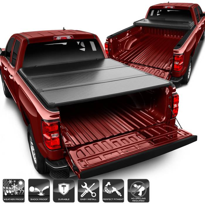 ( xTune ) Chevy Silverado 1500 2014-2018 LT 1.5 Cab / Single cab 2500 Silverado LT Crew Cab Double Cab 77 Inches Short Bed Hard Tri-Fold Style Tonneau Cover - Black