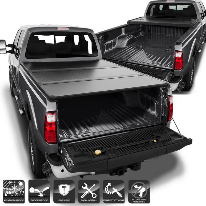 ( xTune ) Ford Super Duty 1999-2015 78 Inches Short Bed Hard Tri-Fold Style Tonneau Cover - Black